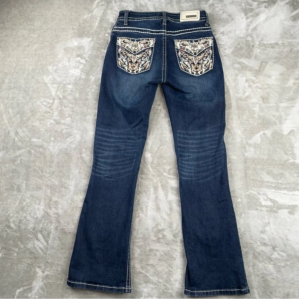 Sexy Couture Boot Cut Jeans Embroidered Back Pockets Dark Wash Size 3 Juniors